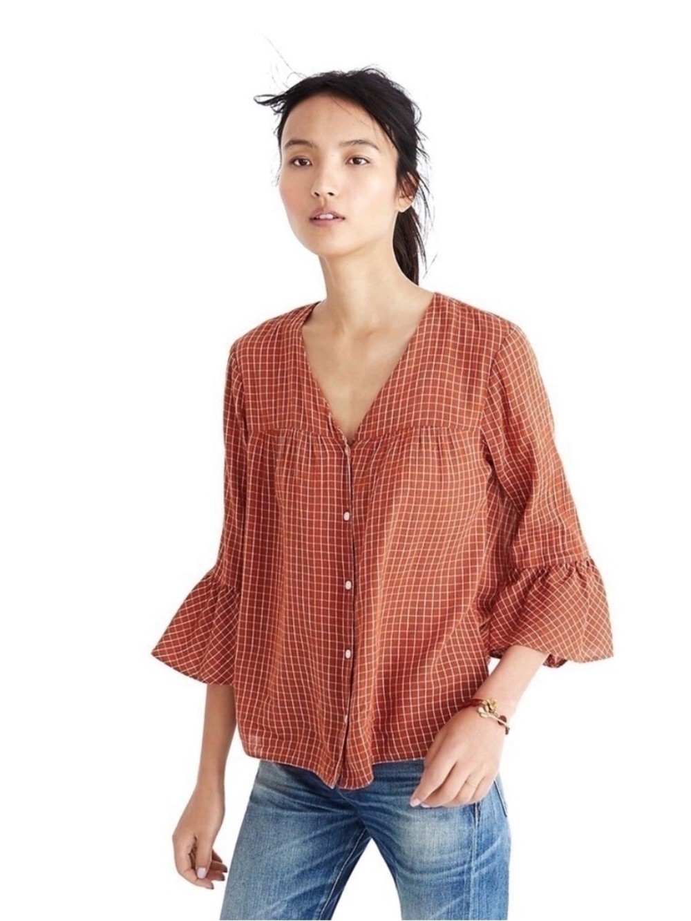 Madewell Rust Check Button-Front Peasant Top